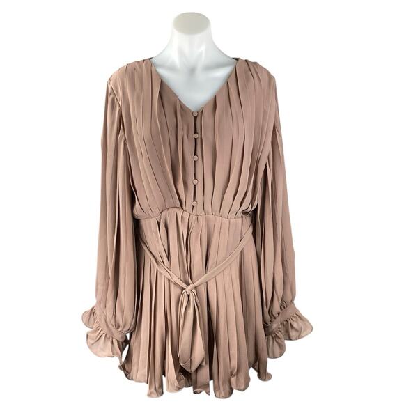 Pink Lily Women's Beige Tan Ruffle Long Sleeve Pleated Button Jumpsuit Romper L - Picture 1 of 5